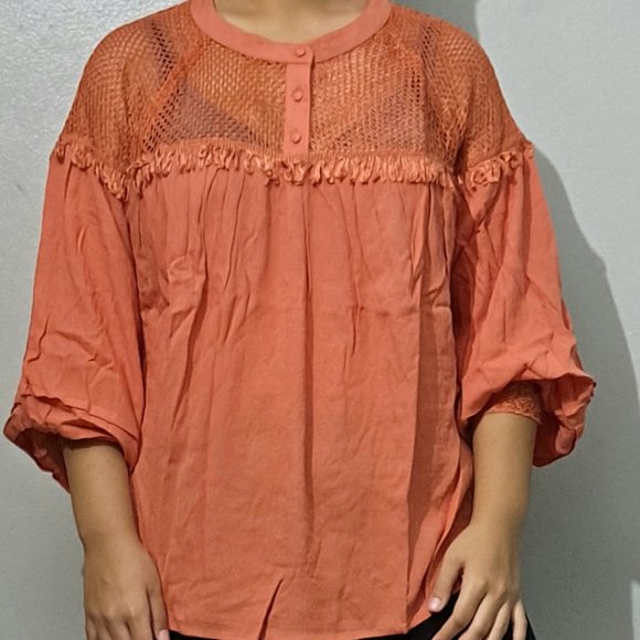 MANGO BOHO SHEER NET MESH BALLOON SLEEVE TOP - Picture 2 of 8
